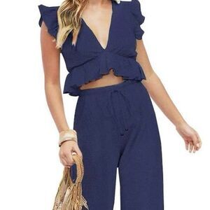 Fancyinn Women’s Cropped Blue Ruffled Blouse Short Sleeve V Neck, XL